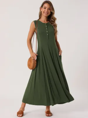 Women's Sleeveless Button Fit Flare A-Line Flowy Casual Long Dresses Summer Outfits